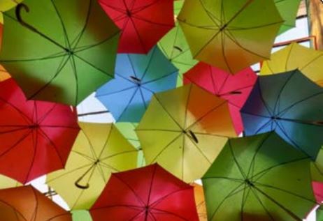 Ringmer u3a photography group image looking up at a group of colourful umbrellas