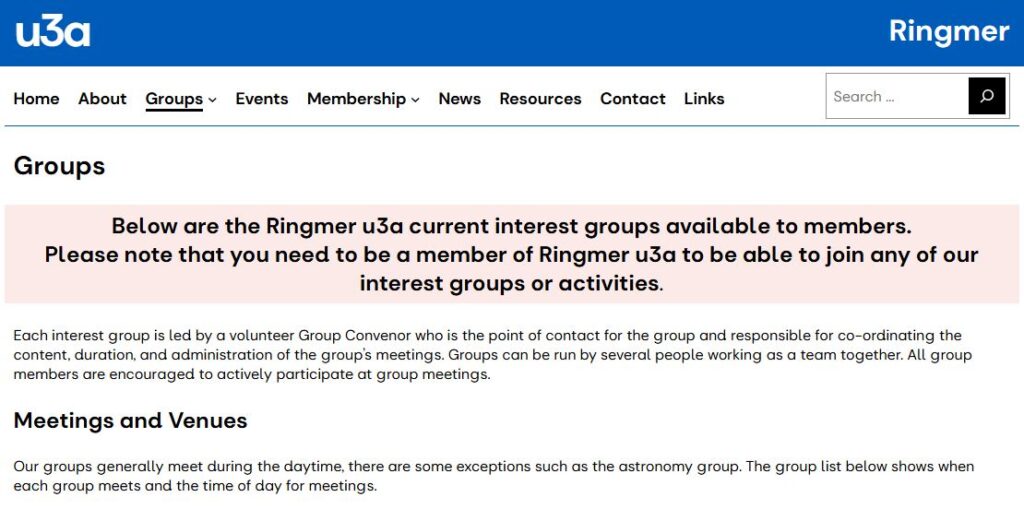 Image of Ringmer u3a groups web page